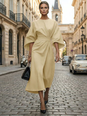 Loose Batwing Sleeve Dress Tight Waist Solid Color Elegant Dresses