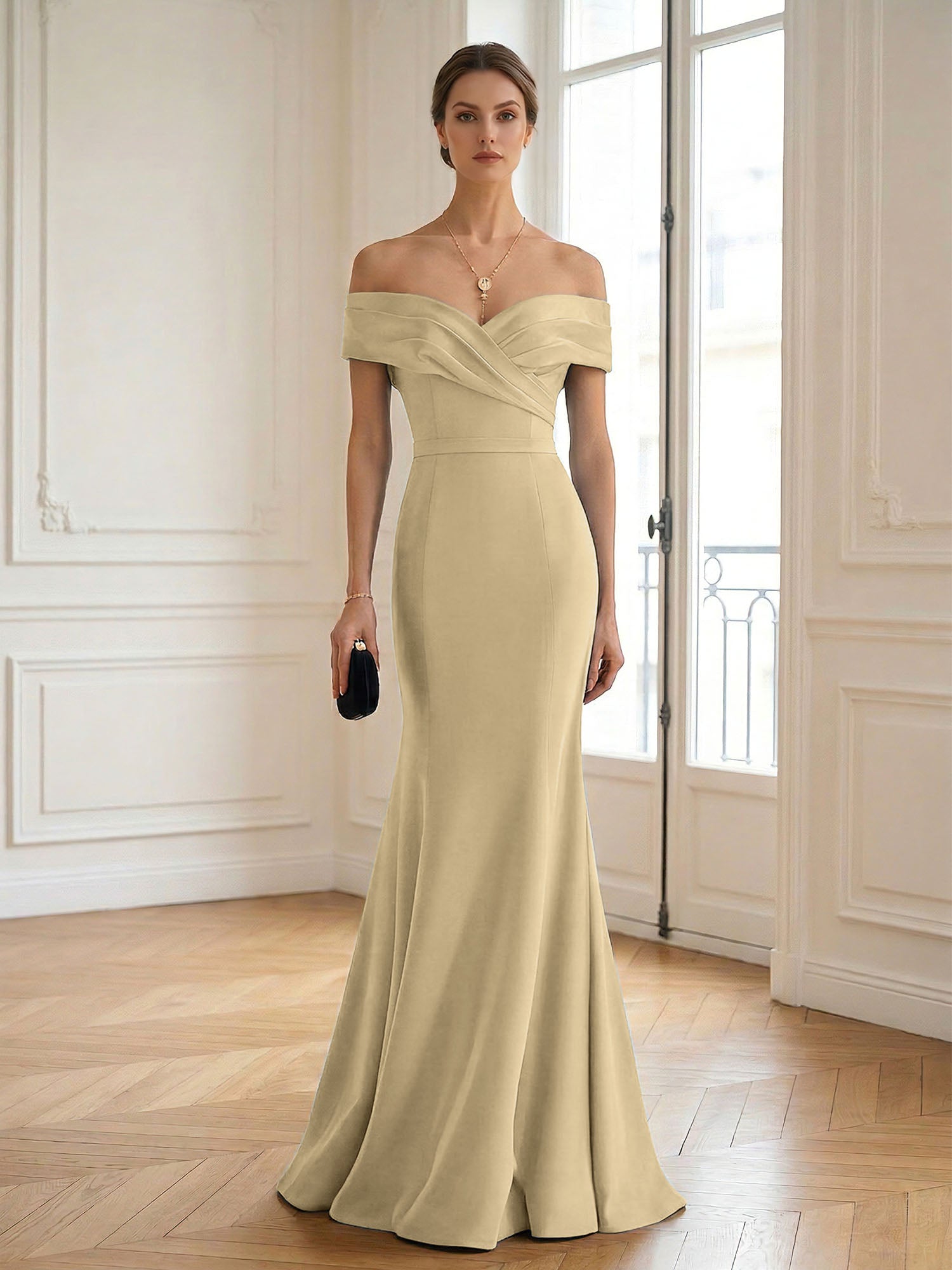 Formal Wedding Guest Dress Navy Off Shoulder Maxi Mermaid Dress