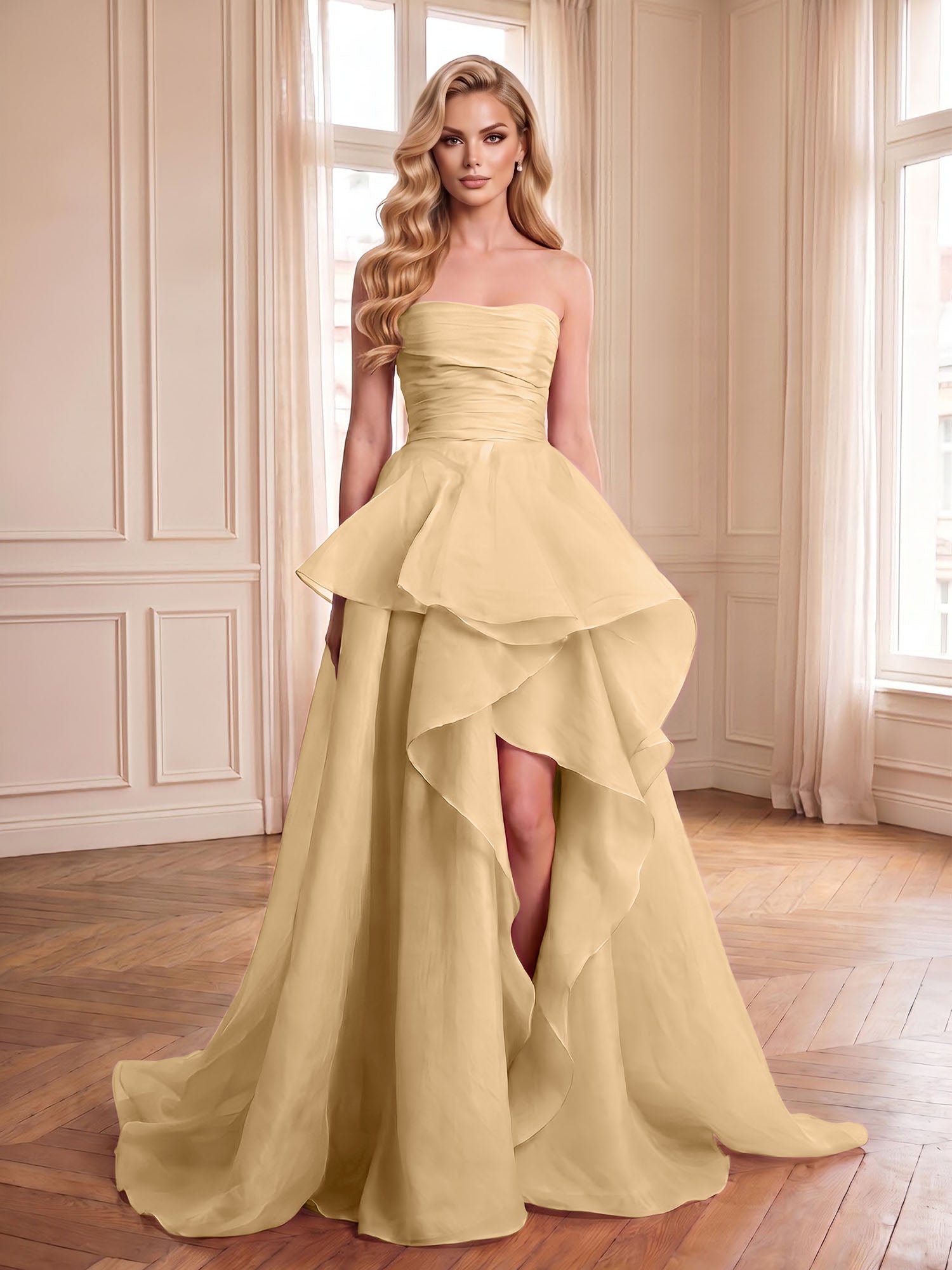 Formal Evening Tiered Dress Pink Strapless Maxi Gown
