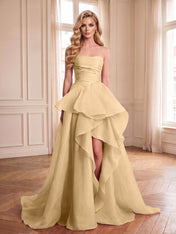Formal Evening Tiered Dress Pink Strapless Maxi Gown