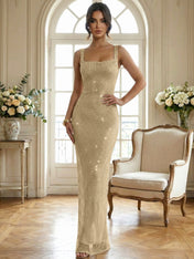 Sparkly Champagne Crystal Mesh Square Neck Long Prom Dress