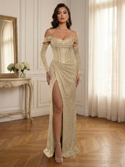 Silver Sequin Off-the-Shoulder Long Sleeves Corset Prom Dress with Slit