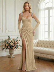 Light Blue Sequin Mermaid Matching Opera Gloves Long Prom Dress with Slit