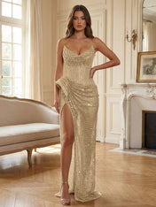 Champagne Gold Crystal-Embellished Corset Long Prom Dress with Slit