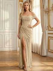 Sparkly Off-the-Shoulder Mesh Ruched Bodice Long Prom Dress with High Slit
