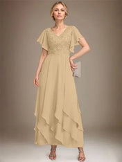 A-line V-Neck Ankle-Length Lace Chiffon Mother of the Bride Dress With Cascading Ruffles