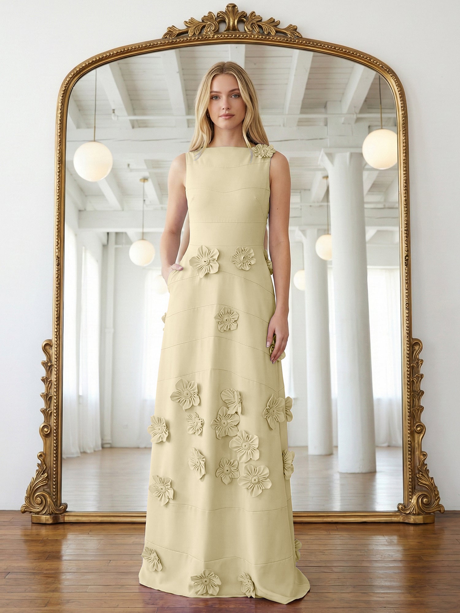 Lavender Boat Neck Formal Gown with Cascading 3D Flowers