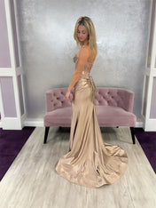 Champagne Beaded Corset Satin Prom Dress with High Slit