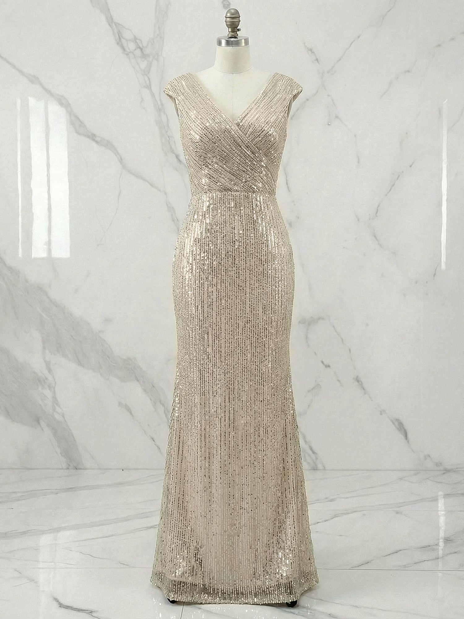 Champagne Gold Sequin Cap Sleeve Long Prom Dress