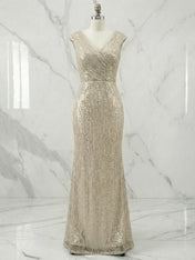 Champagne Gold Sequin Cap Sleeve Long Prom Dress