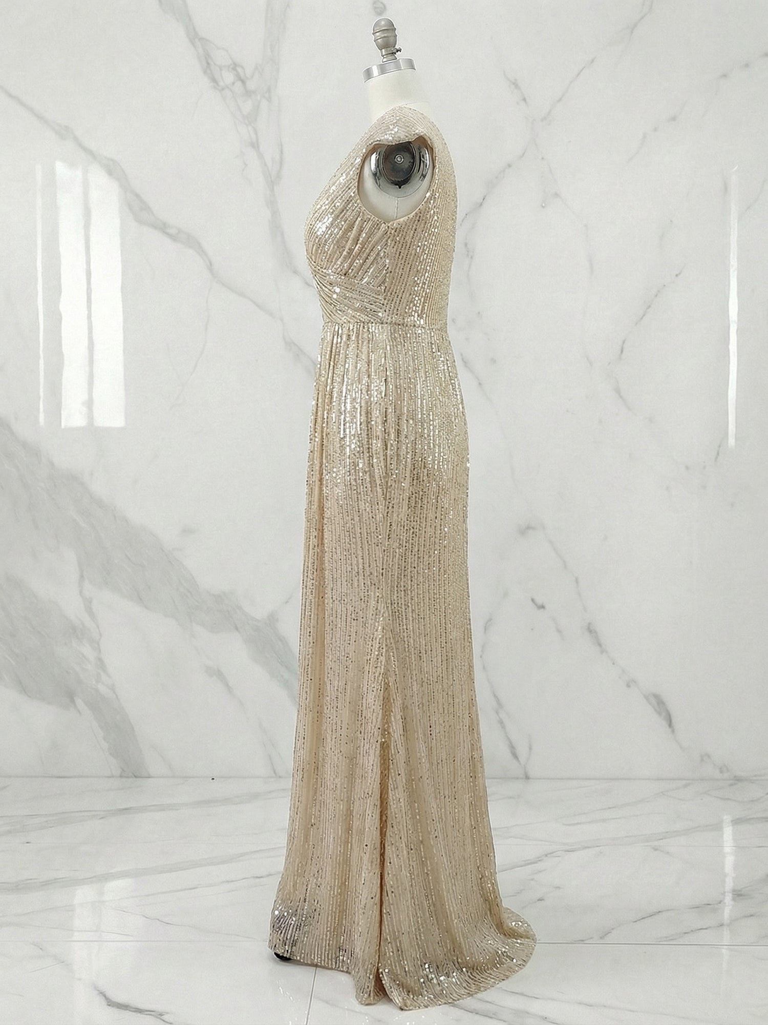 Champagne Gold Sequin Cap Sleeve Long Prom Dress