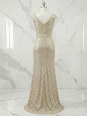 Champagne Gold Sequin Cap Sleeve Long Prom Dress