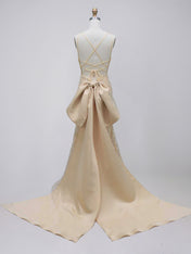 Champagne Gold Sequin Satin Train Mermaid Prom Dress with Bow