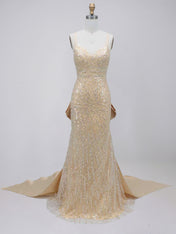 Champagne Gold Sequin Satin Train Mermaid Prom Dress with Bow
