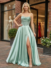 Champagne Gold Strapless Beaded Corset Satin A-Line Prom Dress