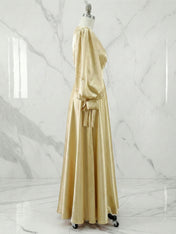 Champagne Long Sleeve Ruched Waist Flowing Evening Gown