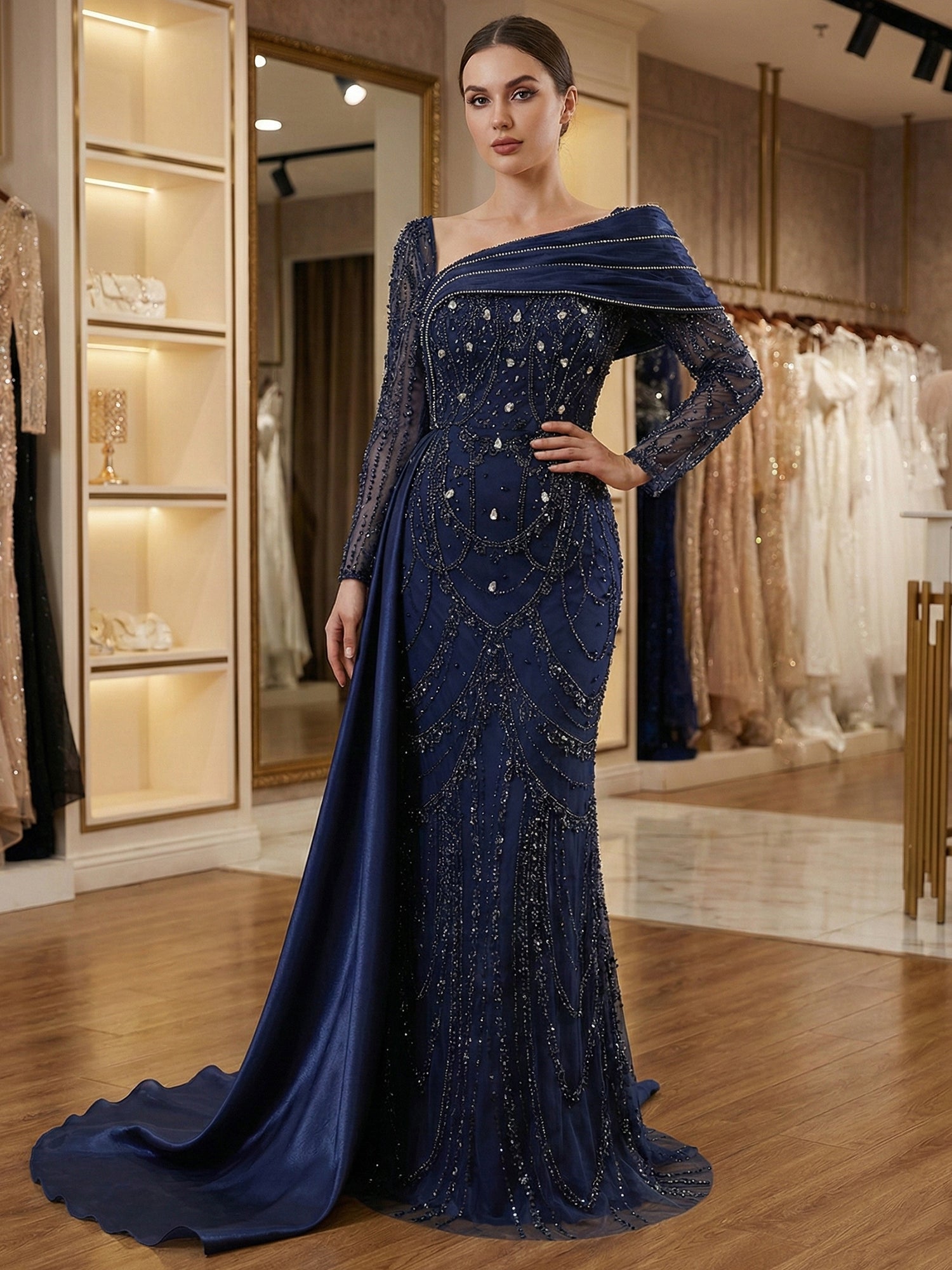 Champagne Pearl-Embellished Draped Long Evening Gown