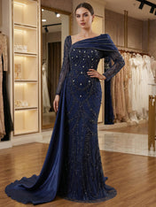 Champagne Pearl-Embellished Draped Long Evening Gown