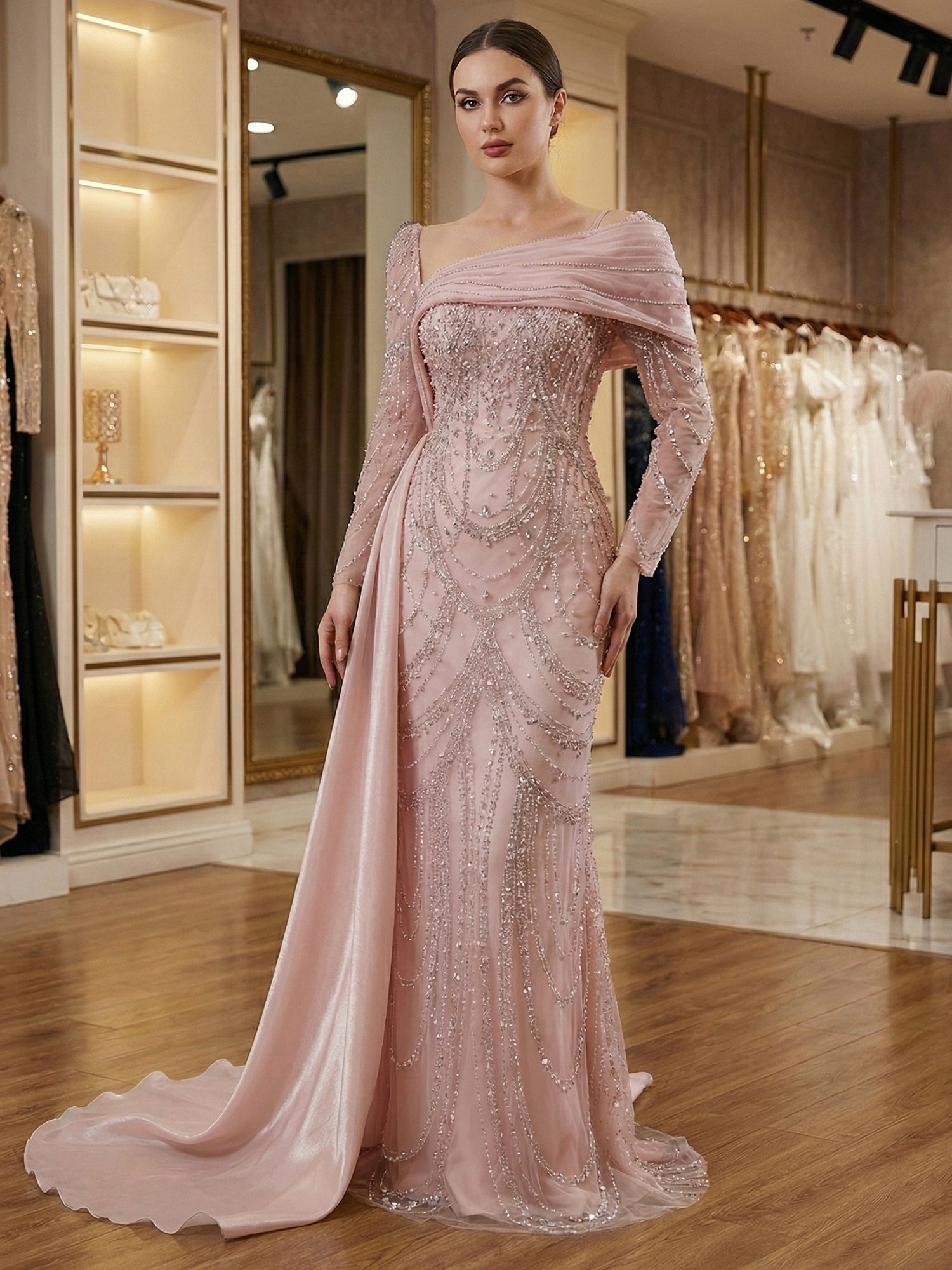 Champagne Pearl-Embellished Draped Long Evening Gown