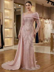 Champagne Pearl-Embellished Draped Long Evening Gown