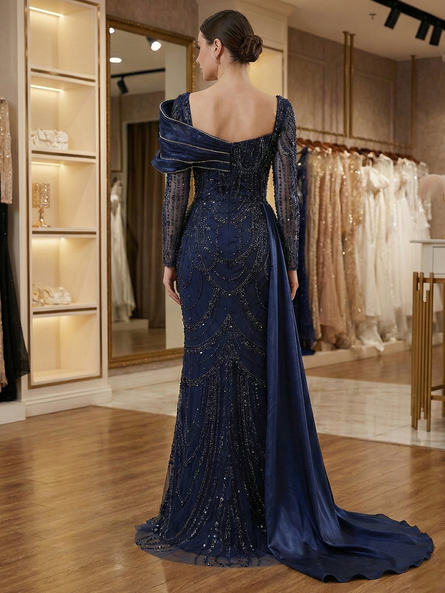 Champagne Pearl-Embellished Draped Long Evening Gown