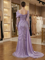 Champagne Pearl-Embellished Draped Long Evening Gown