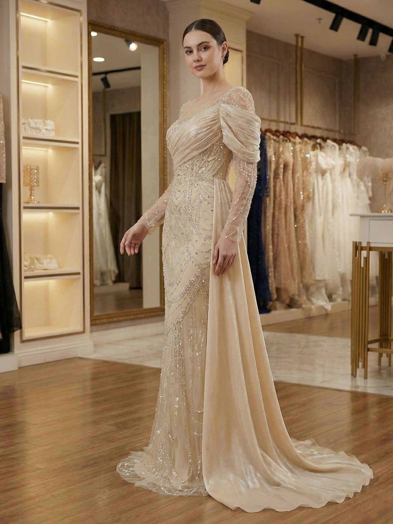 Champagne Pearl-Embellished Draped Long Evening Gown