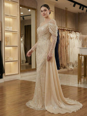 Champagne Pearl-Embellished Draped Long Evening Gown