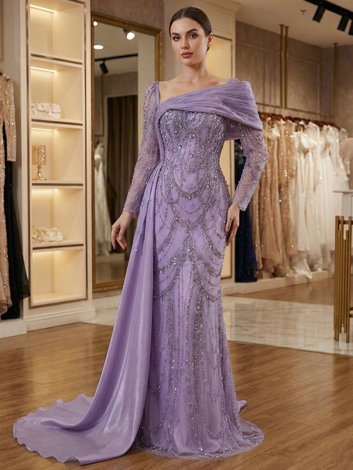 Champagne Pearl-Embellished Draped Long Evening Gown