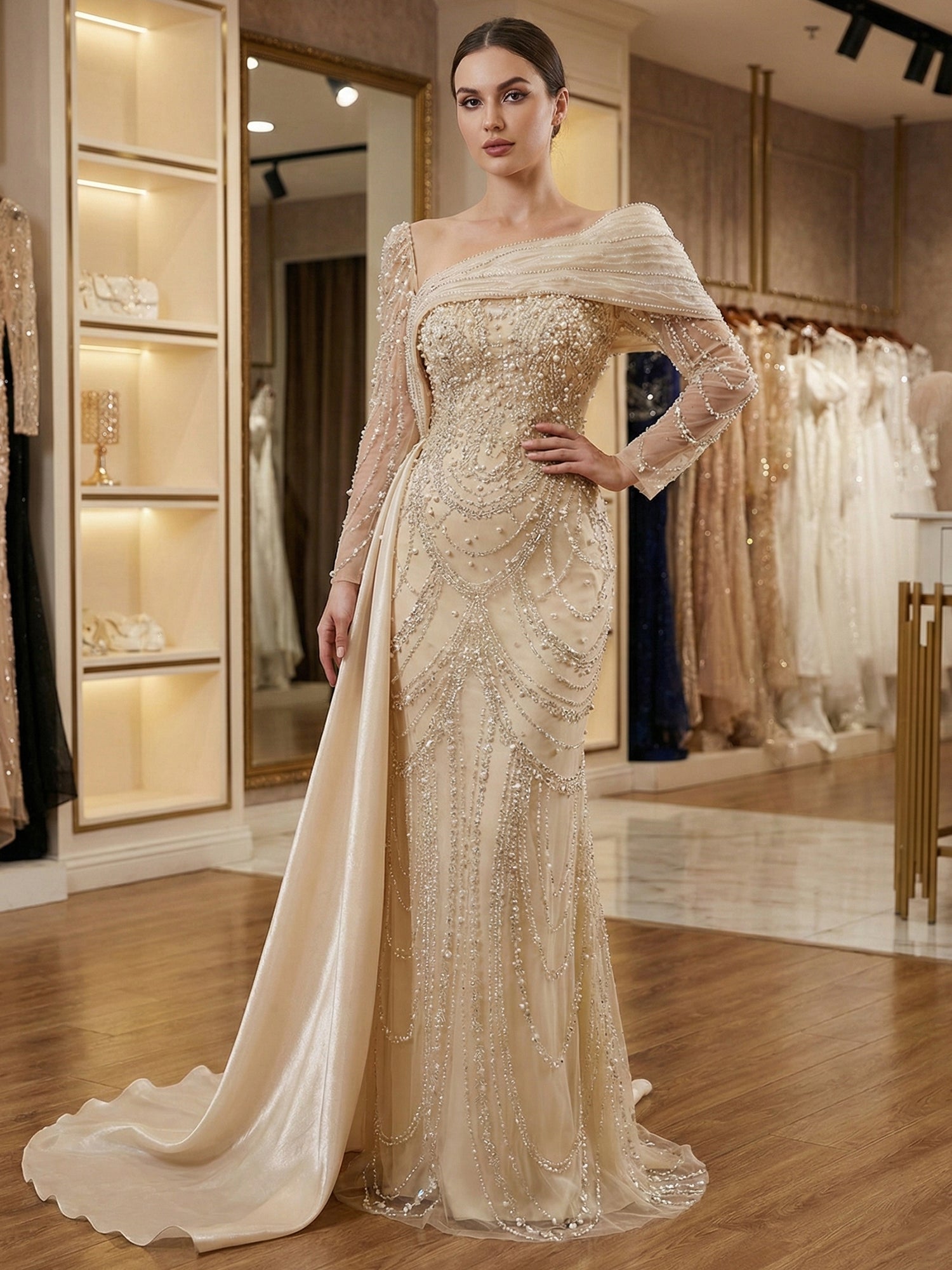 Champagne Pearl-Embellished Draped Long Evening Gown
