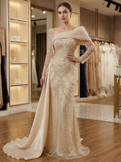 Champagne Pearl-Embellished Draped Long Evening Gown