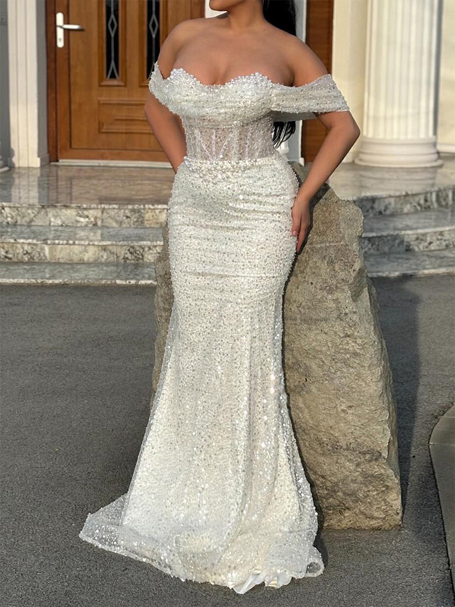 Champagne Pearl Sequin Off-the-Shoulder Mermaid Prom Dress