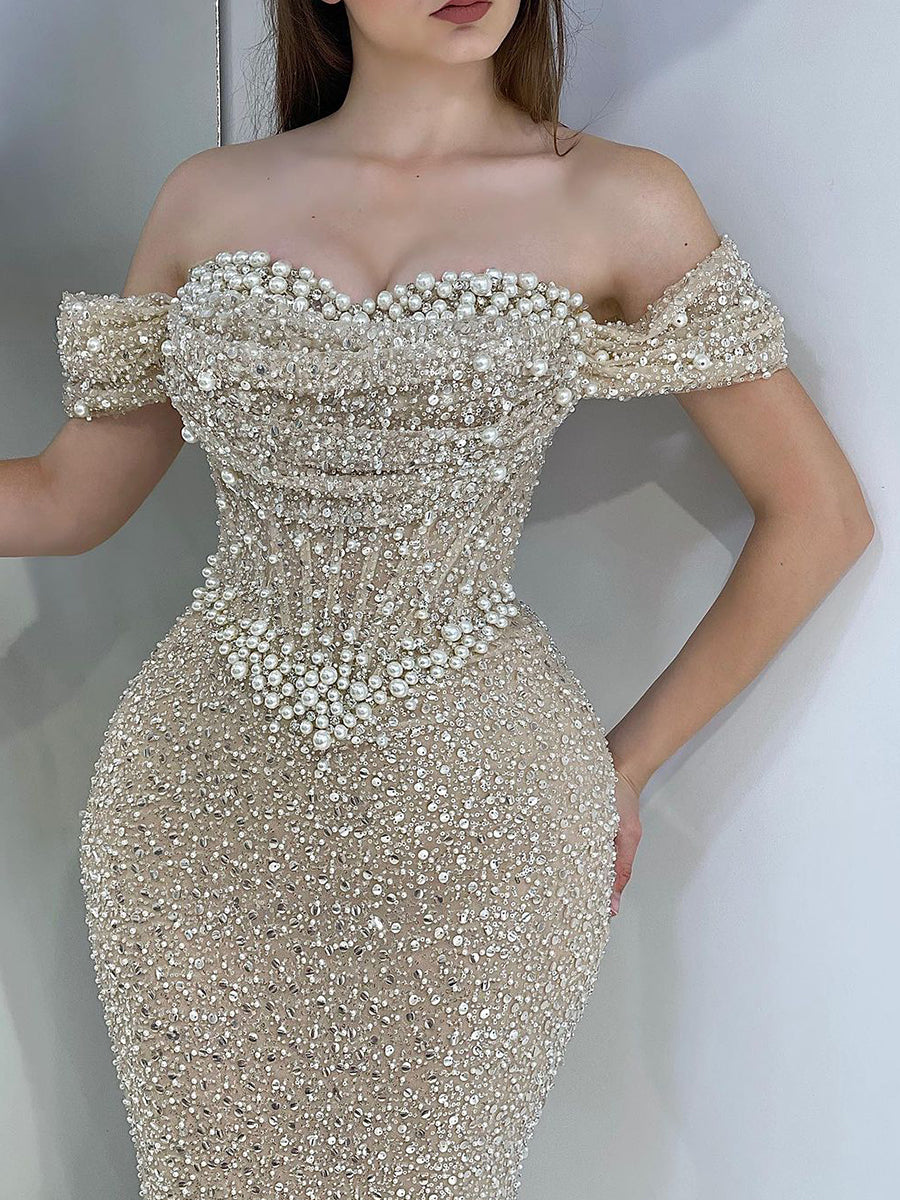 Champagne Pearl Sequin Off-the-Shoulder Mermaid Prom Dress