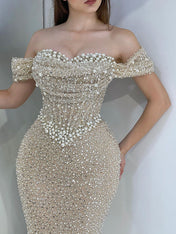Champagne Pearl Sequin Off-the-Shoulder Mermaid Prom Dress