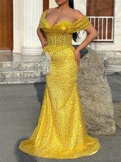 Champagne Pearl Sequin Off-the-Shoulder Mermaid Prom Dress