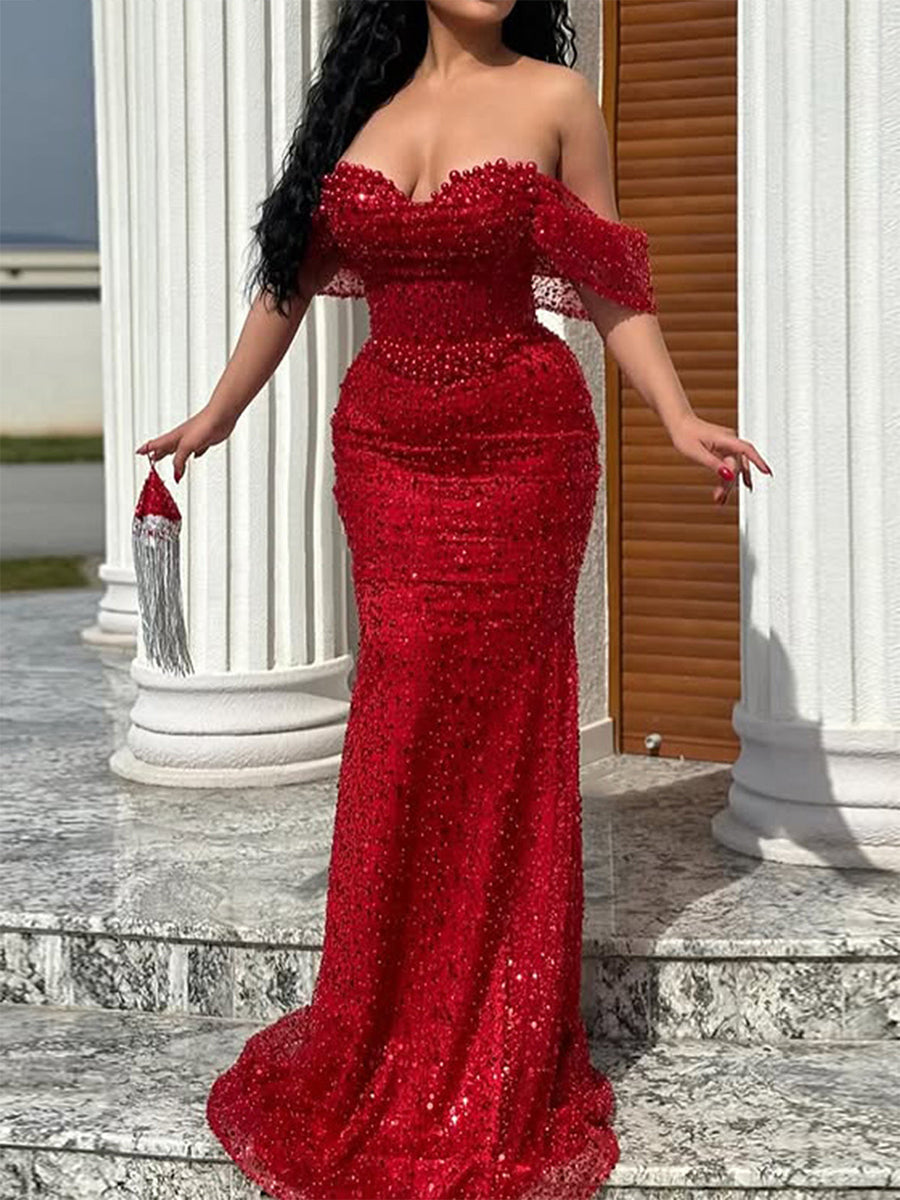 Champagne Pearl Sequin Off-the-Shoulder Mermaid Prom Dress