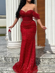 Champagne Pearl Sequin Off-the-Shoulder Mermaid Prom Dress