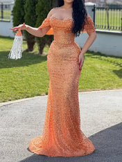 Champagne Pearl Sequin Off-the-Shoulder Mermaid Prom Dress