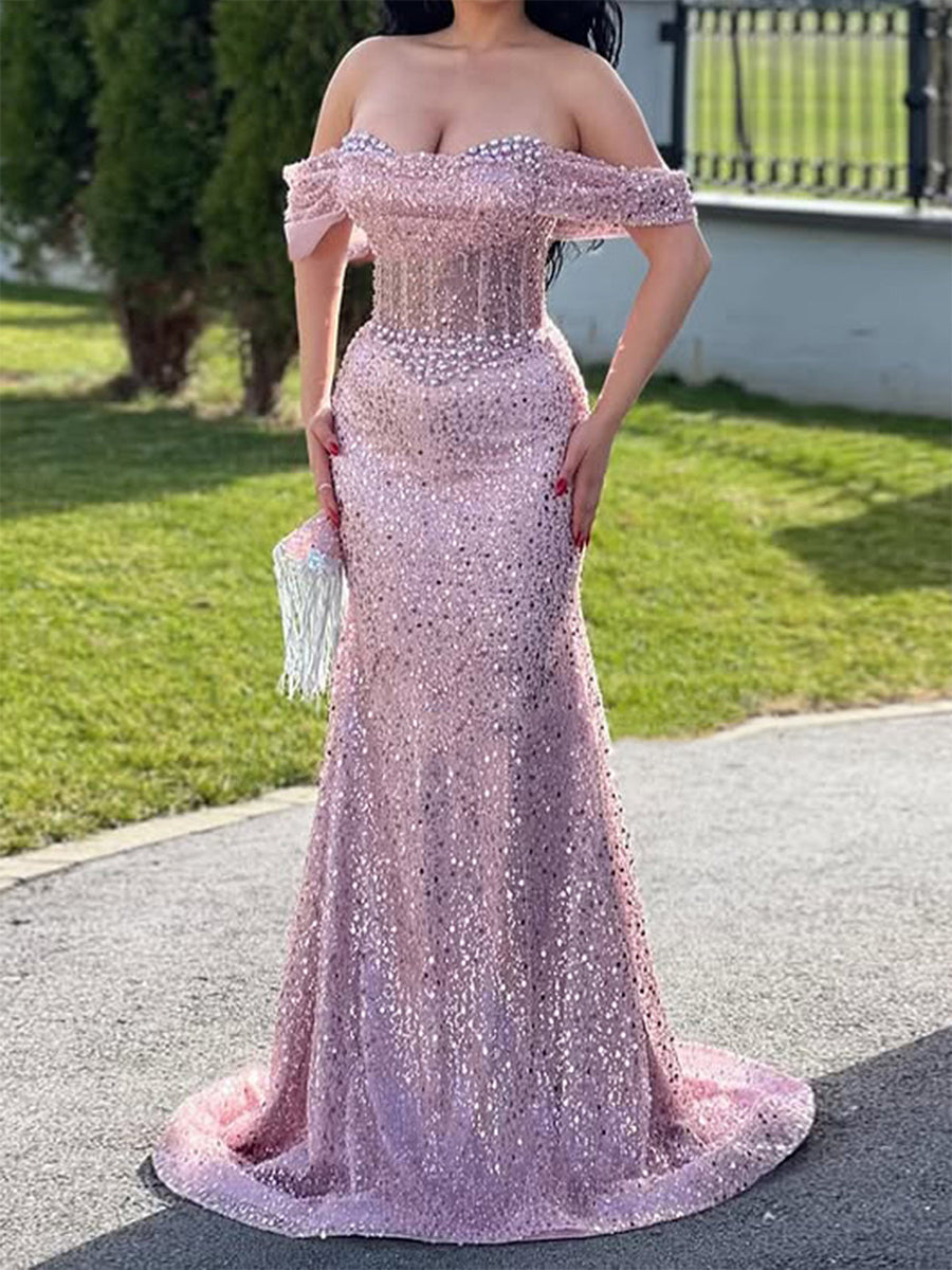Champagne Pearl Sequin Off-the-Shoulder Mermaid Prom Dress