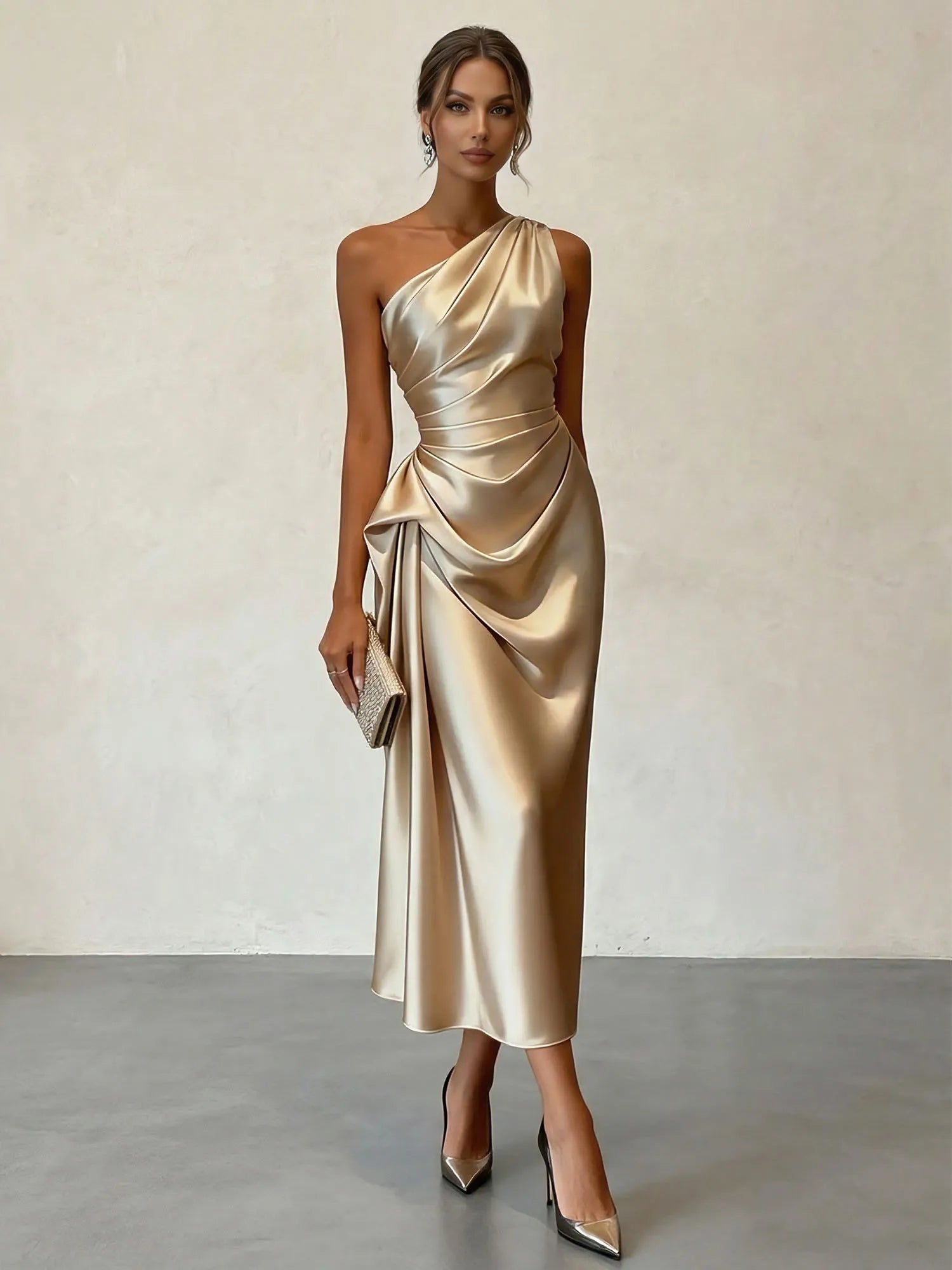 Champagne Ruched Satin One Shoulder Sleeveless Sheath Midi Dress