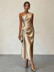 Champagne Ruched Satin One Shoulder Sleeveless Sheath Midi Dress