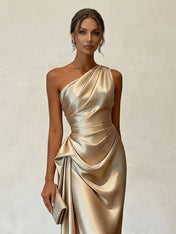 Champagne Ruched Satin One Shoulder Sleeveless Sheath Midi Dress