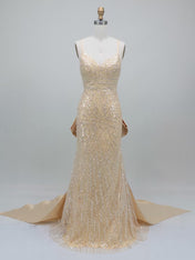 Champagne Starburst Sequin Long Prom Dress with Satin Train