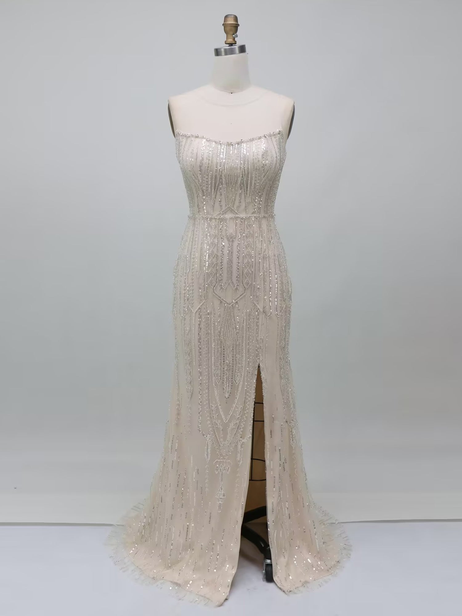 Champagne Strapless Art Deco Beaded Sheath Prom Dress