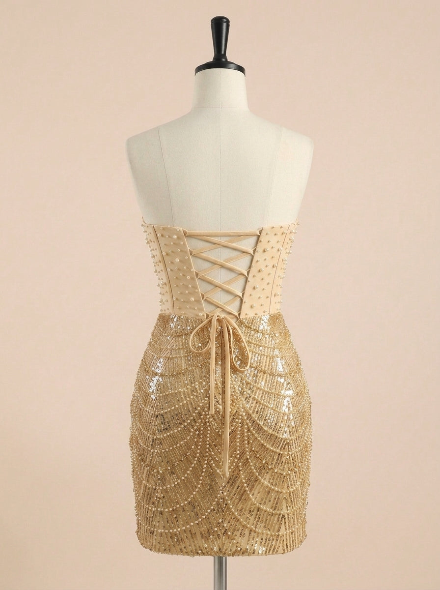 Champagne Strapless Sunburst Beaded Corset Short Homecoming Dress