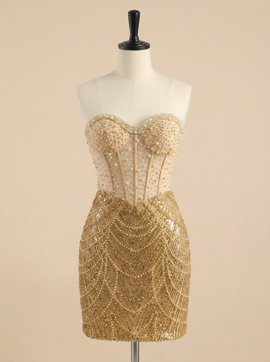 Champagne Strapless Sunburst Beaded Corset Short Homecoming Dress