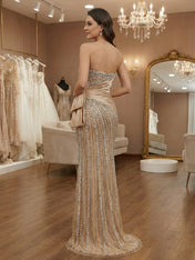 Champagne Strapless Sweetheart Beaded Satin Drape Prom Dress