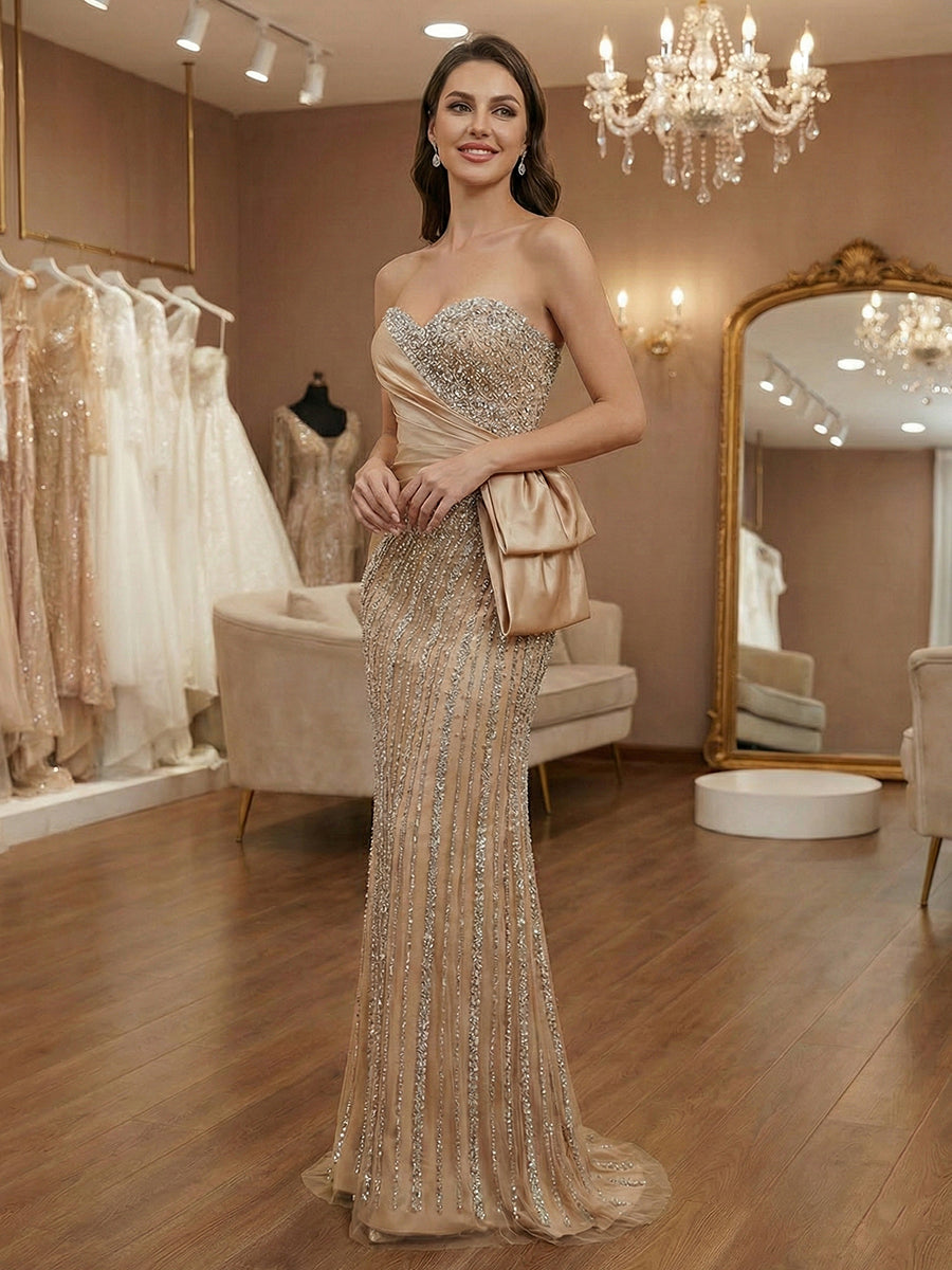 Champagne Strapless Sweetheart Beaded Satin Drape Prom Dress