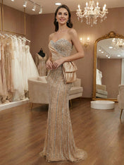 Champagne Strapless Sweetheart Beaded Satin Drape Prom Dress