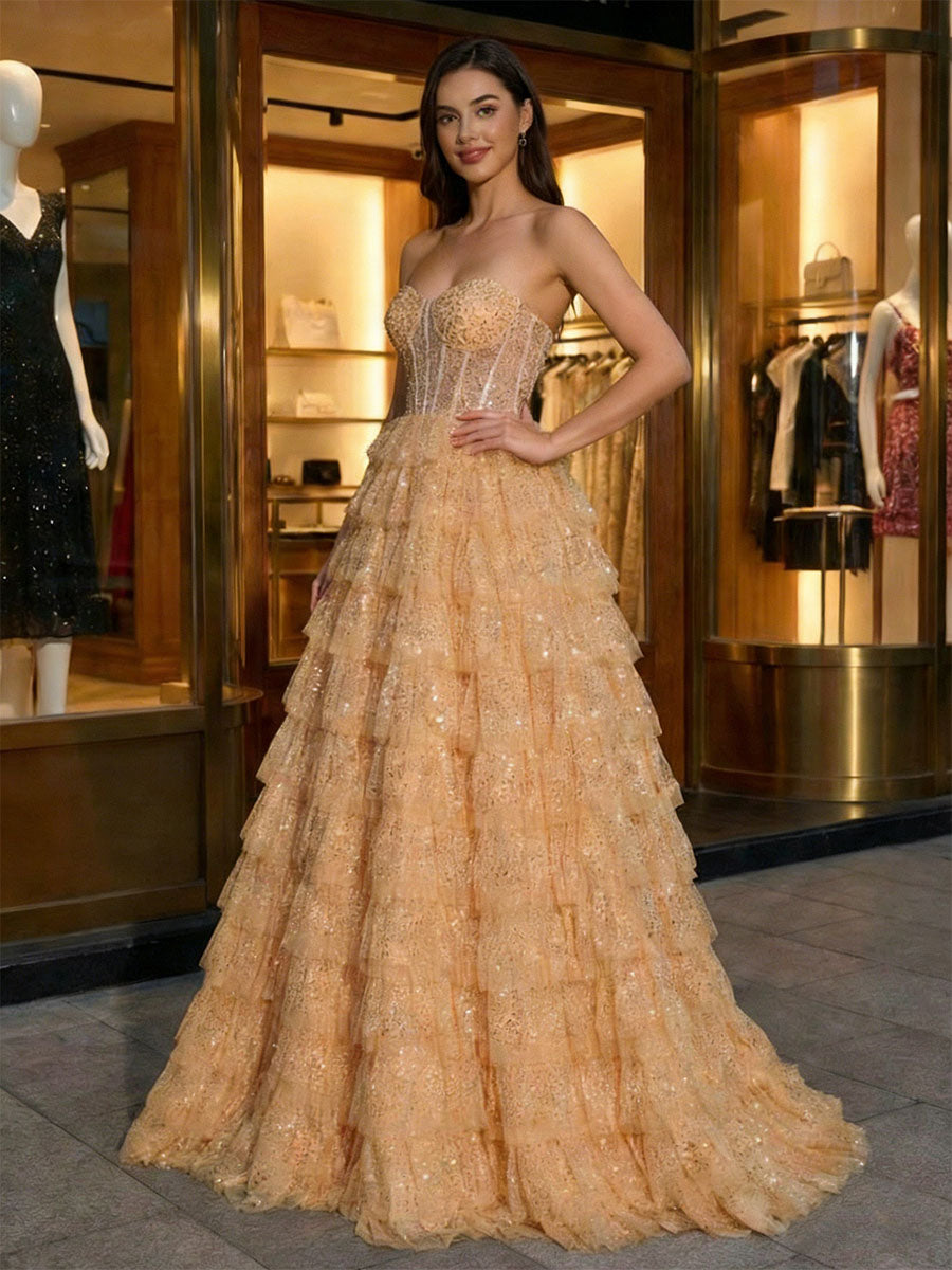 Glamorous Champagne Tiered Ruffle Corset Prom Dress